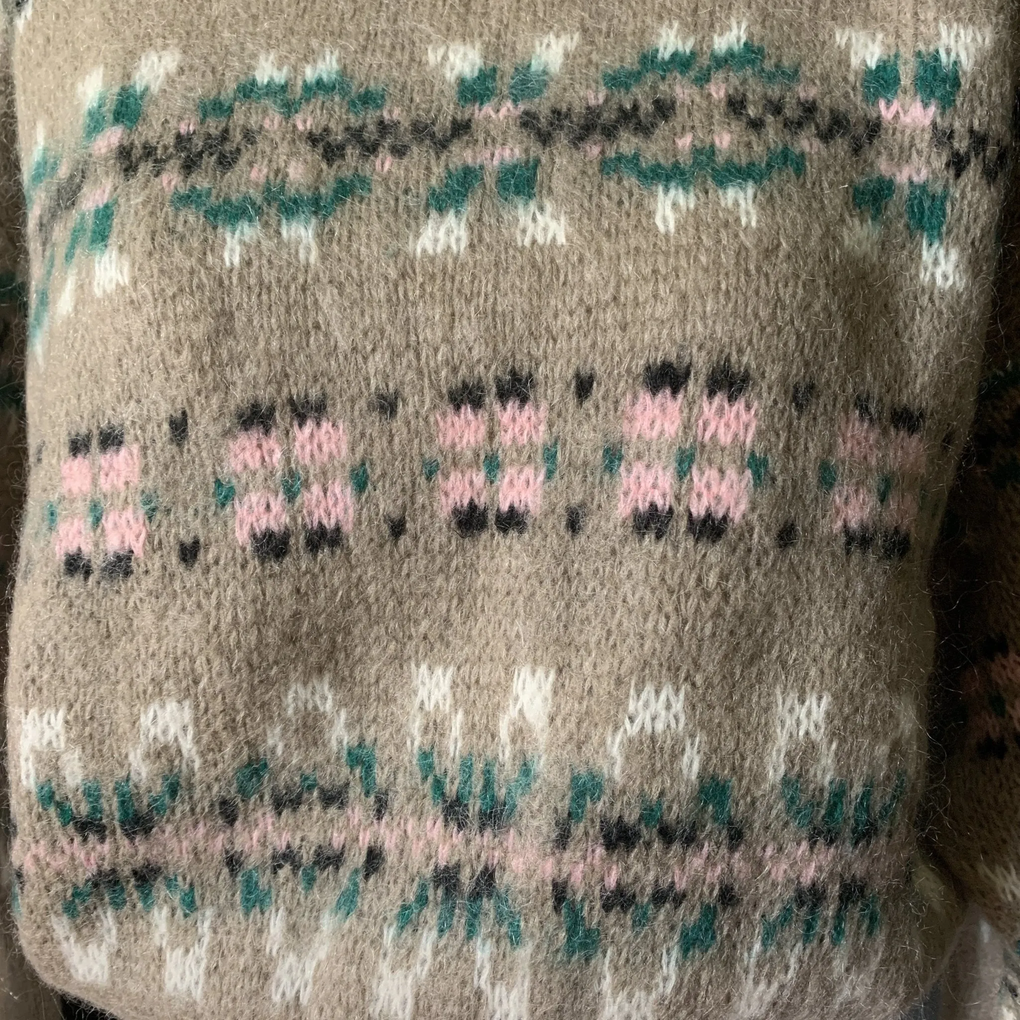 1980s Tan Fair Isle Sweater with Pink and Blue Accents by United Colors of Benetton. Preppy Style.