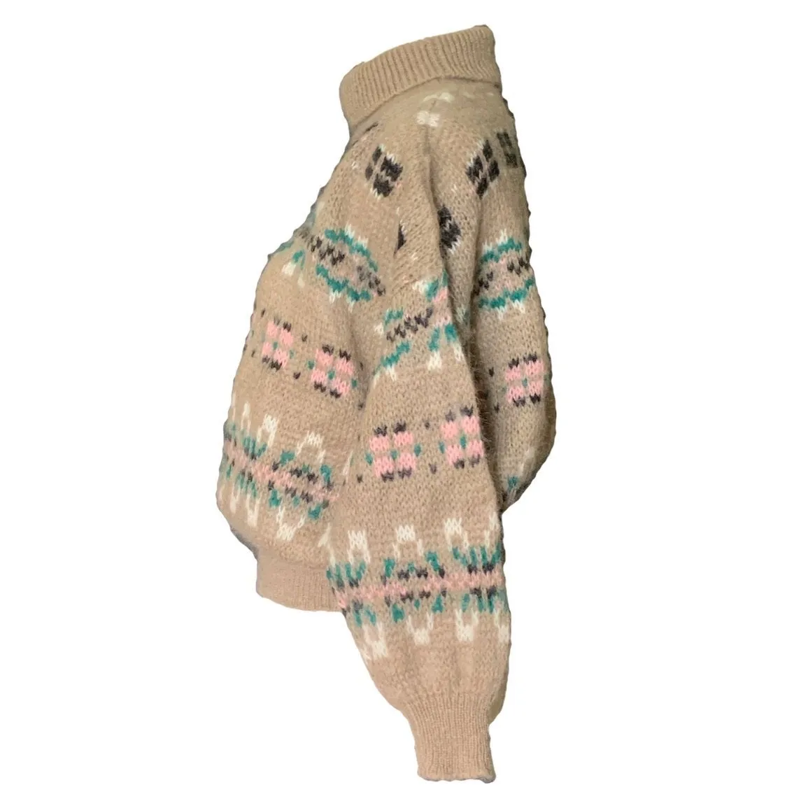 1980s Tan Fair Isle Sweater with Pink and Blue Accents by United Colors of Benetton. Preppy Style.