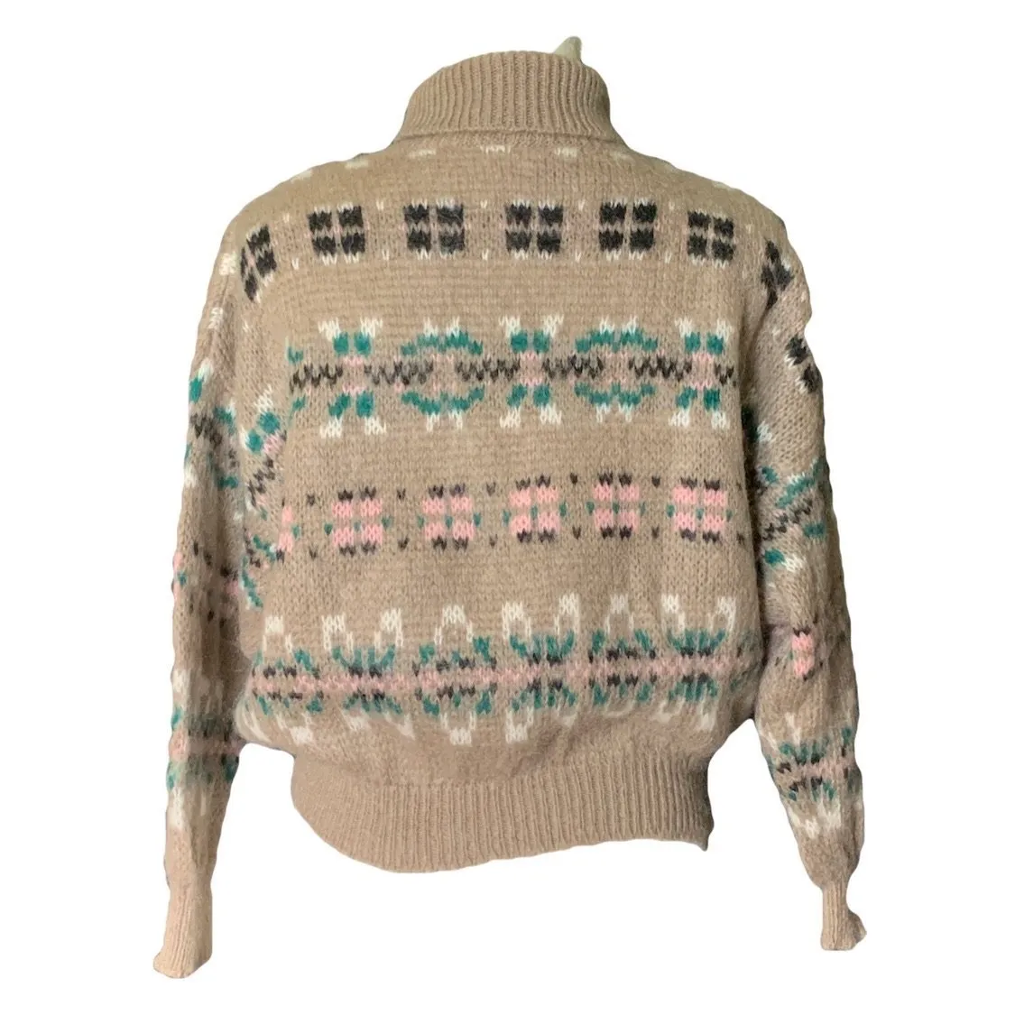 1980s Tan Fair Isle Sweater with Pink and Blue Accents by United Colors of Benetton. Preppy Style.