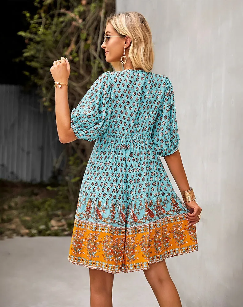 2023 Bohemian Dream Turquoise Floral Print Tie Neck Puffed Sleeve Dress