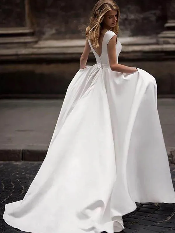 A-lime Ivory Satin Long Wedding Dress with Pockets, WD0451