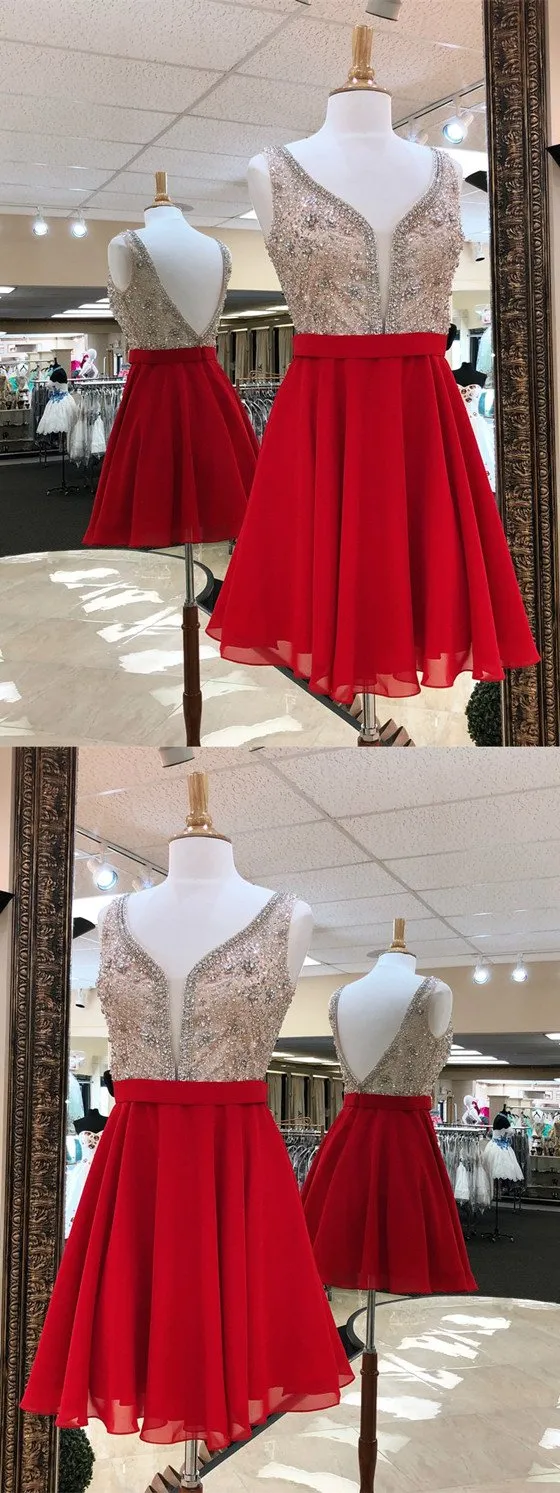 A-line Deep V-neck Backless Beading Red Chiffon Homecoming Dresses, HD0465