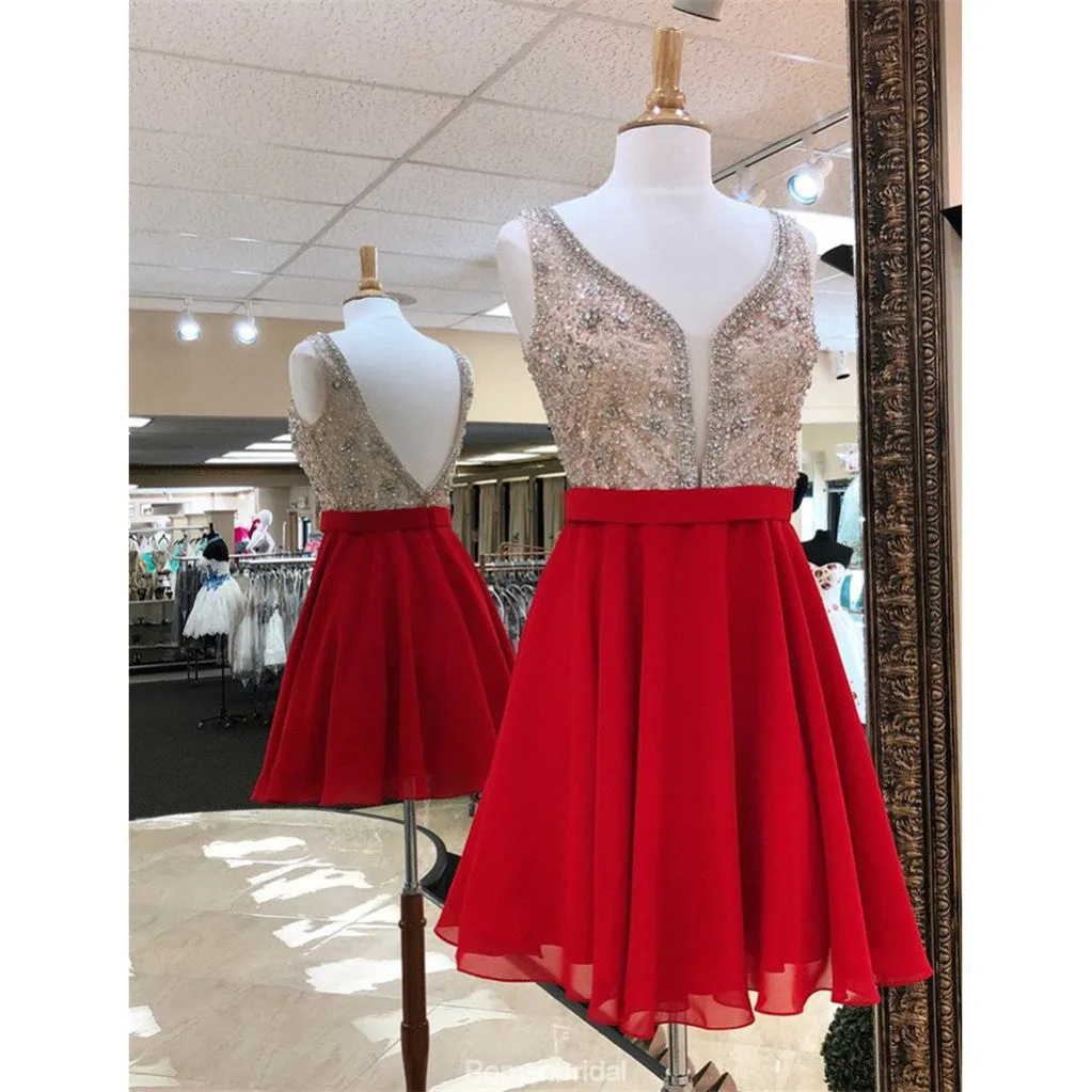 A-line Deep V-neck Backless Beading Red Chiffon Homecoming Dresses, HD0465