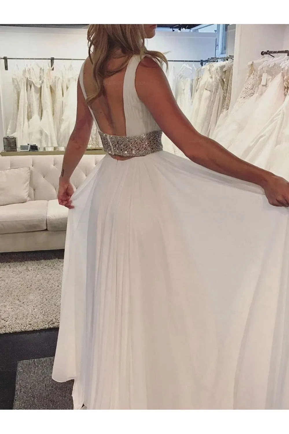 A-line Deep V-neck Beading Backless Long Prom Dress, PD0605