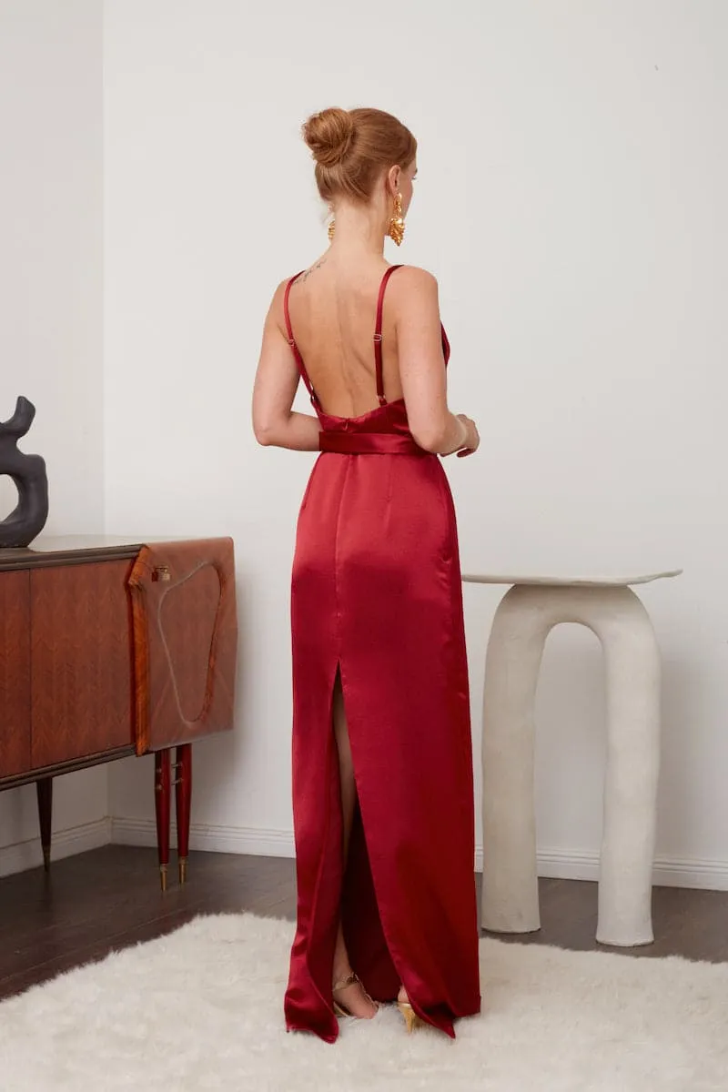 AMILA DEEP RED BACKLESS MAXI DRESS