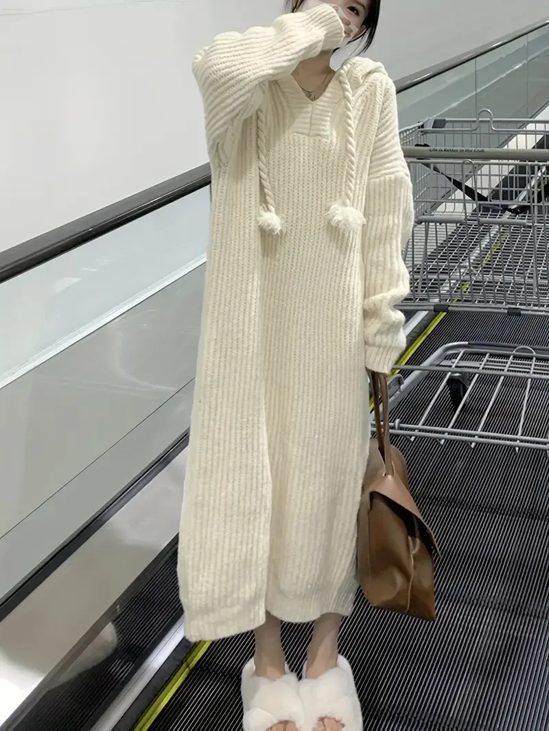 Apricot Long Long Sleeve Hooded Knit Dress