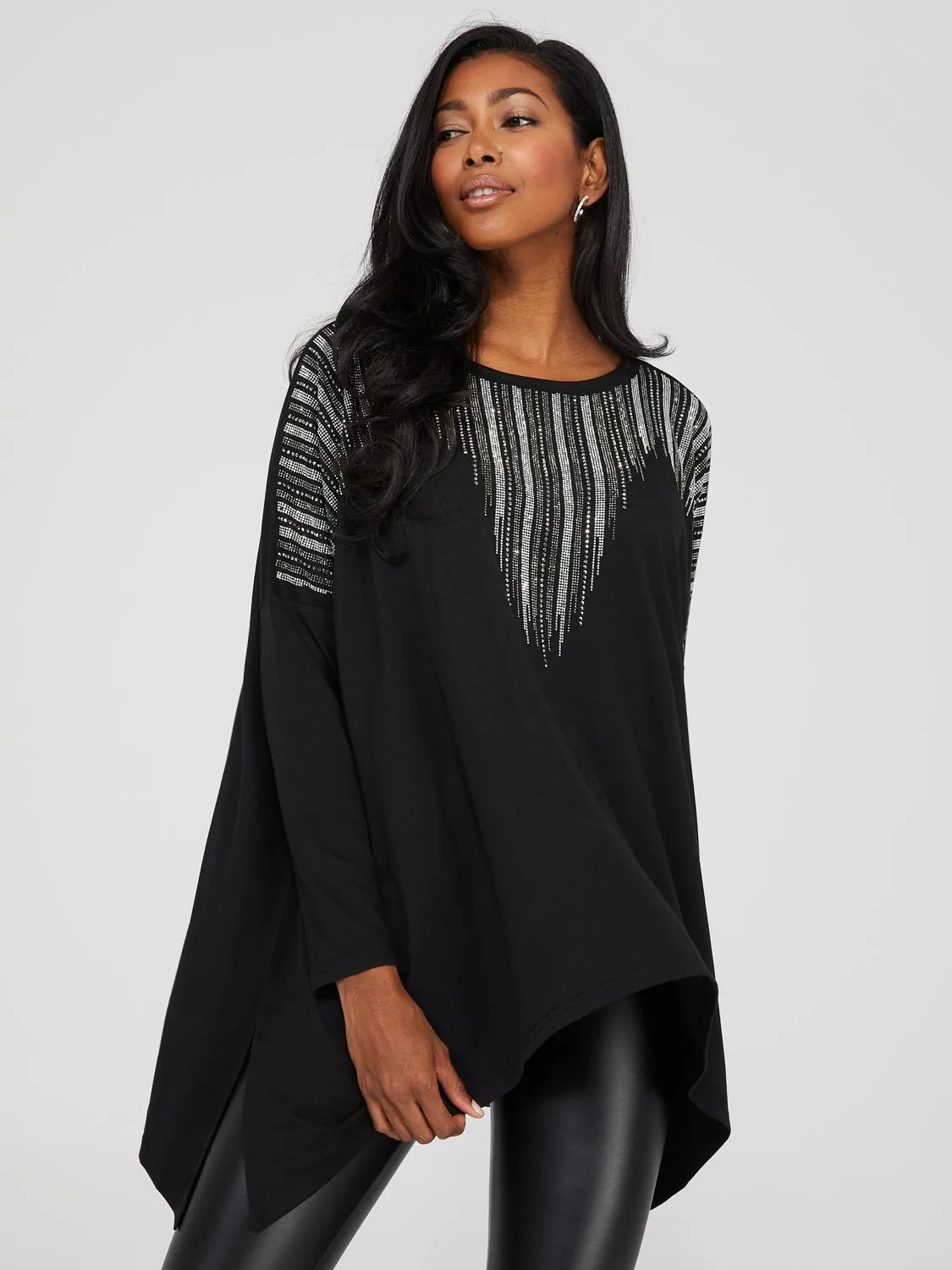 Asymmetrical Tunic Top With Rhinestone Details