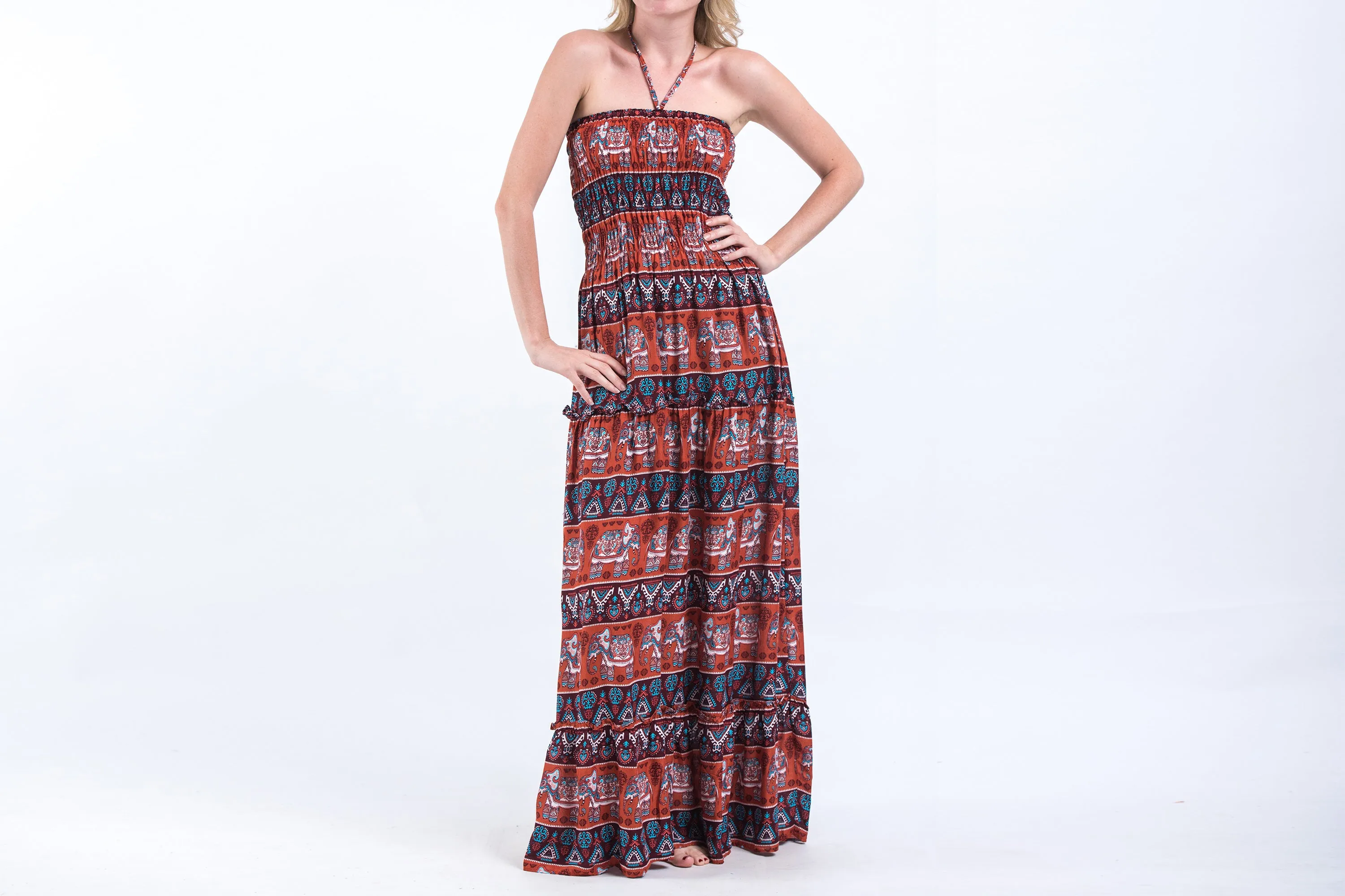 Aztec Elephants Smocked Bandeau Maxi Dress in Rust