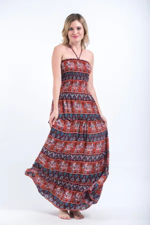 Aztec Elephants Smocked Bandeau Maxi Dress in Rust