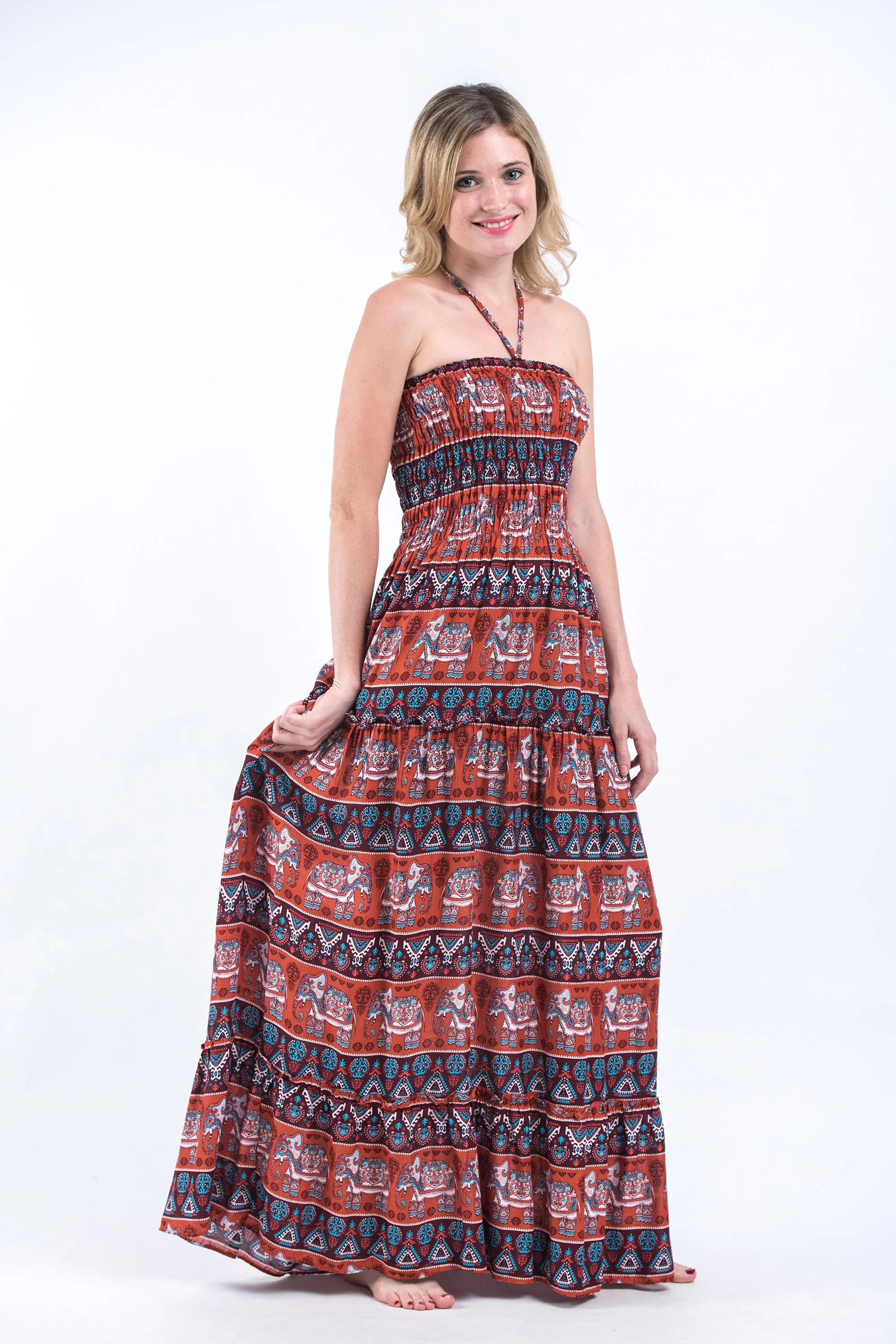 Aztec Elephants Smocked Bandeau Maxi Dress in Rust