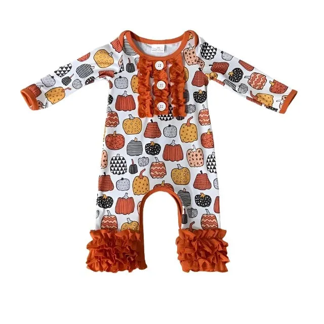 Baby Romper - Girls Autumn - Bright Orange Pumpkin Ruffle