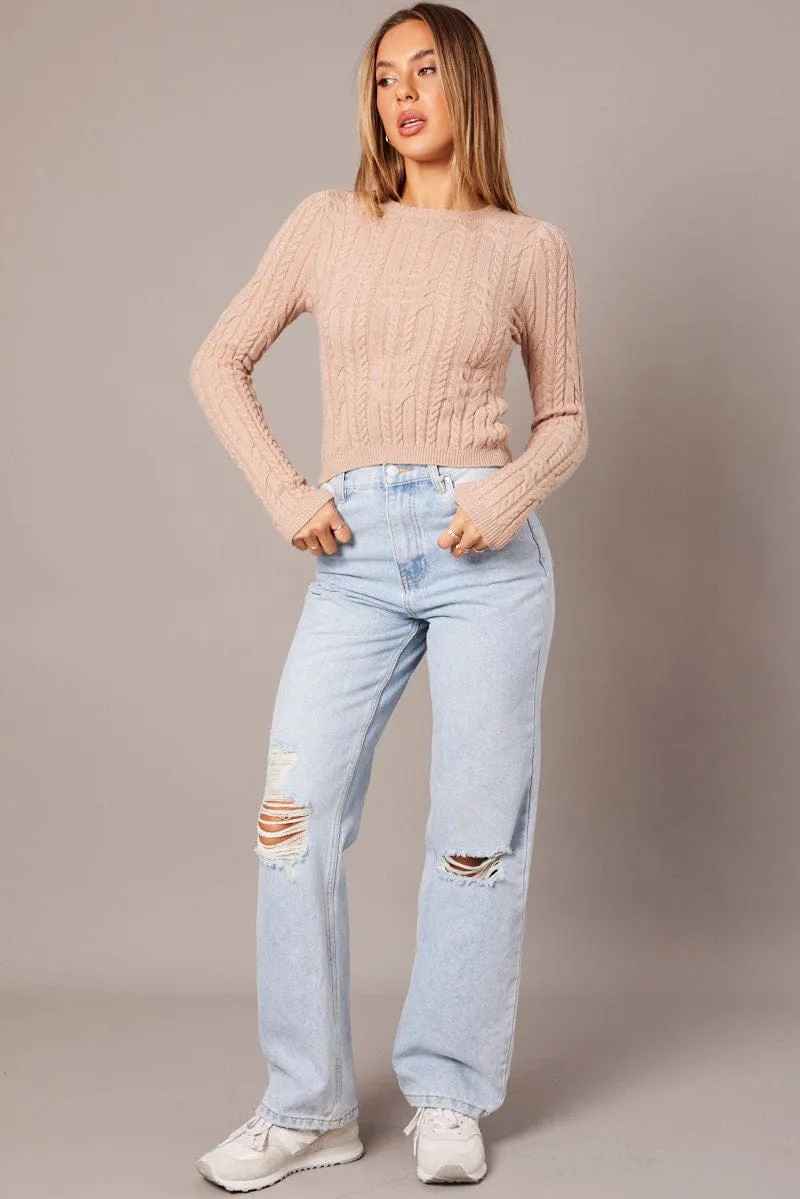 Beige Cable Knit Top Long Sleeve