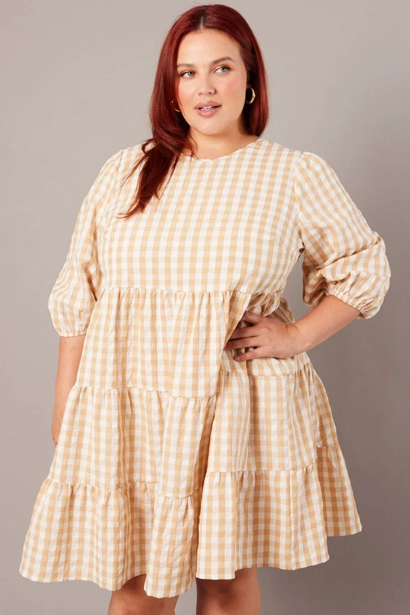 Beige Check Puff 3/4 Sleeve Gingham Smock Dress