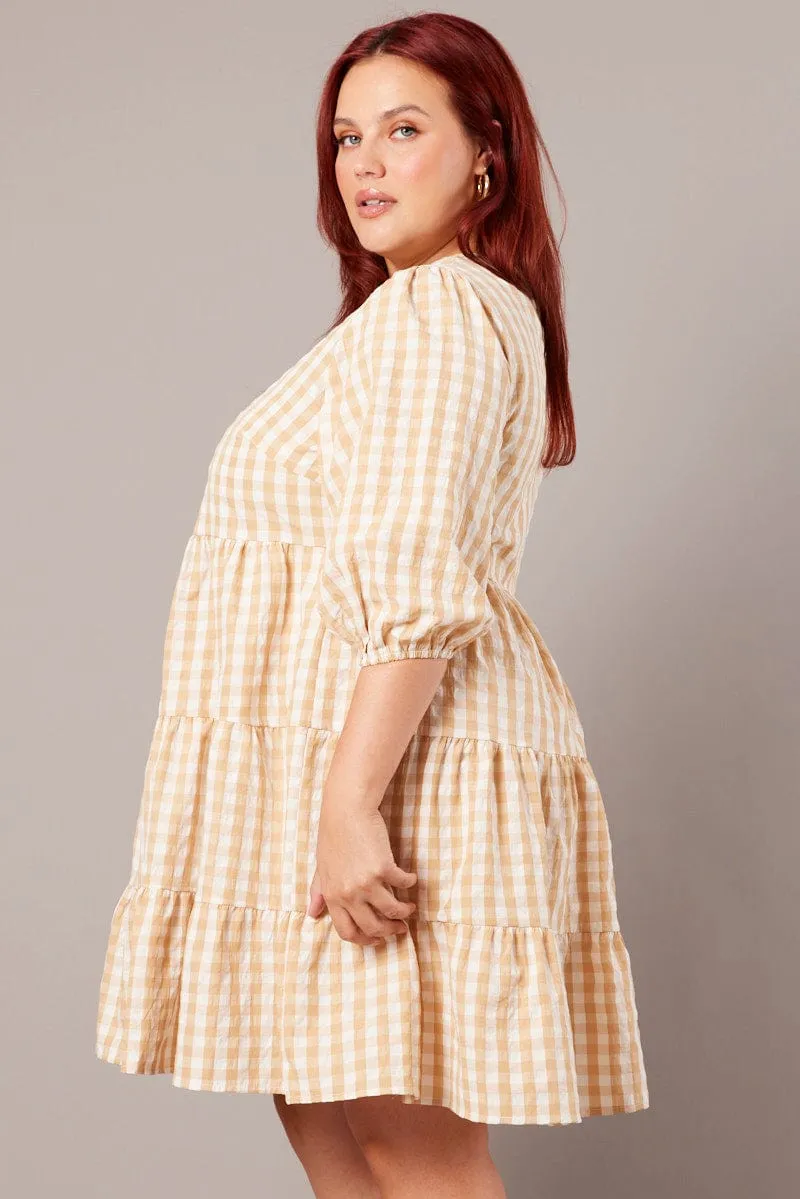 Beige Check Puff 3/4 Sleeve Gingham Smock Dress