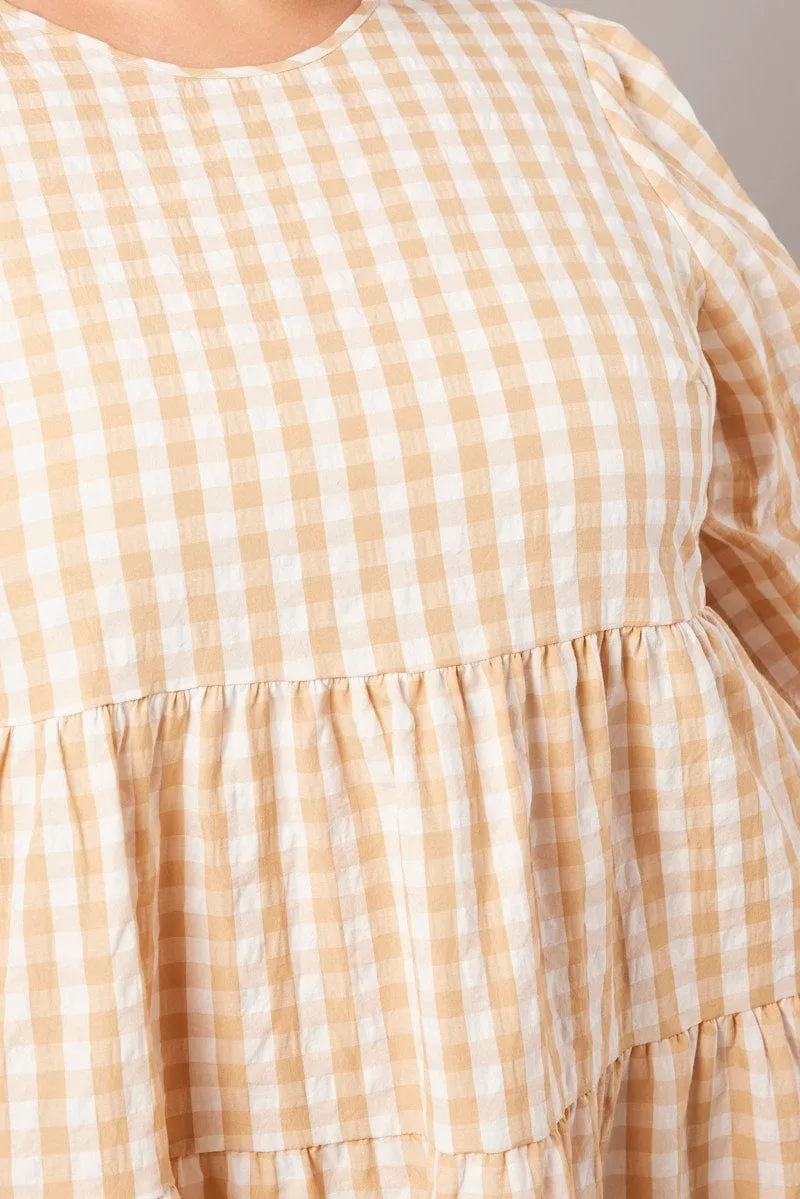 Beige Check Puff 3/4 Sleeve Gingham Smock Dress