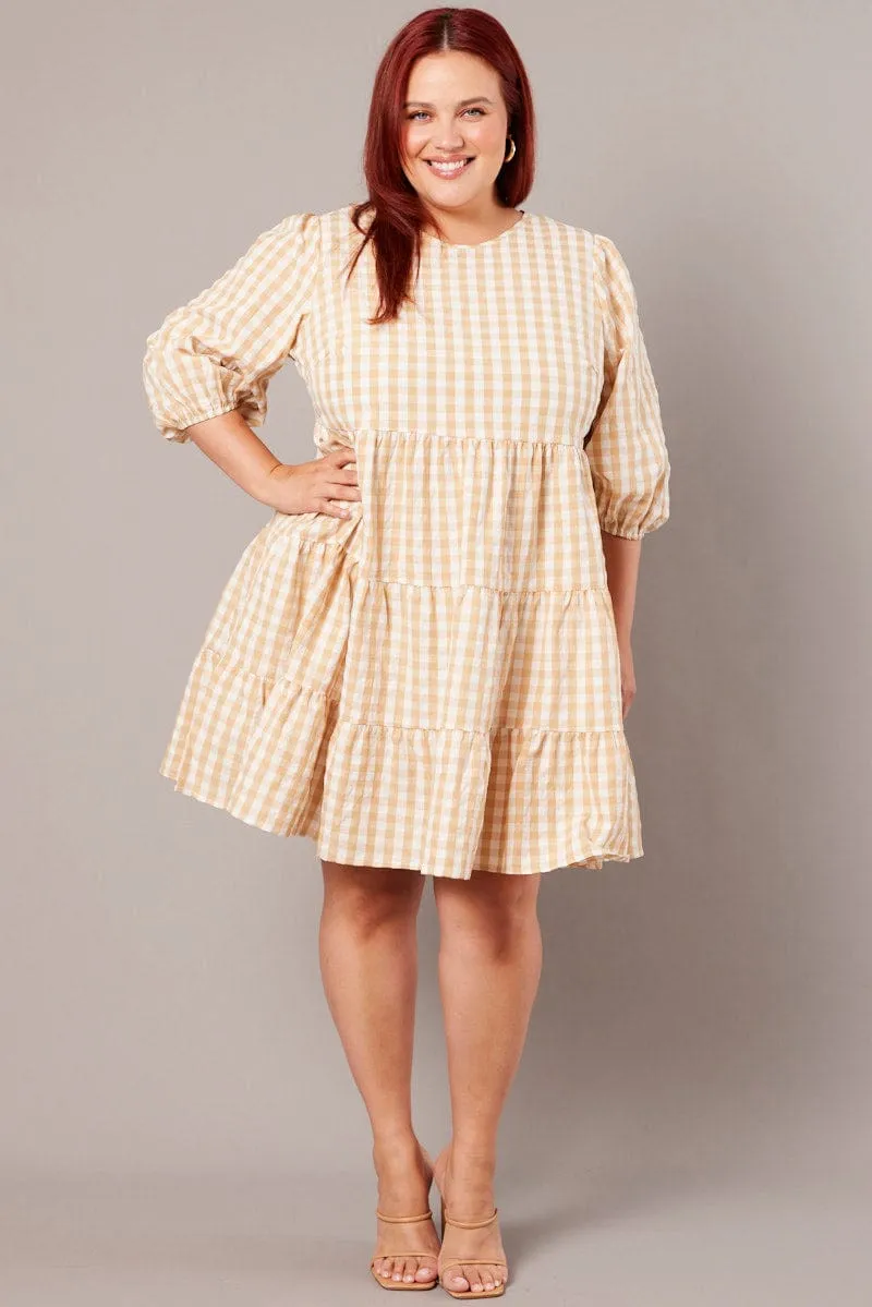 Beige Check Puff 3/4 Sleeve Gingham Smock Dress