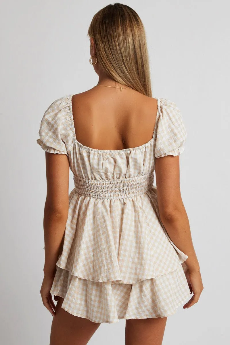 Beige Check Ruffle Playsuit Short Sleeve Ruched Bust