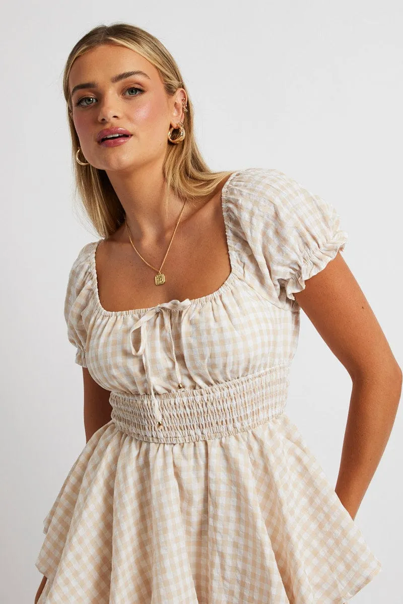 Beige Check Ruffle Playsuit Short Sleeve Ruched Bust