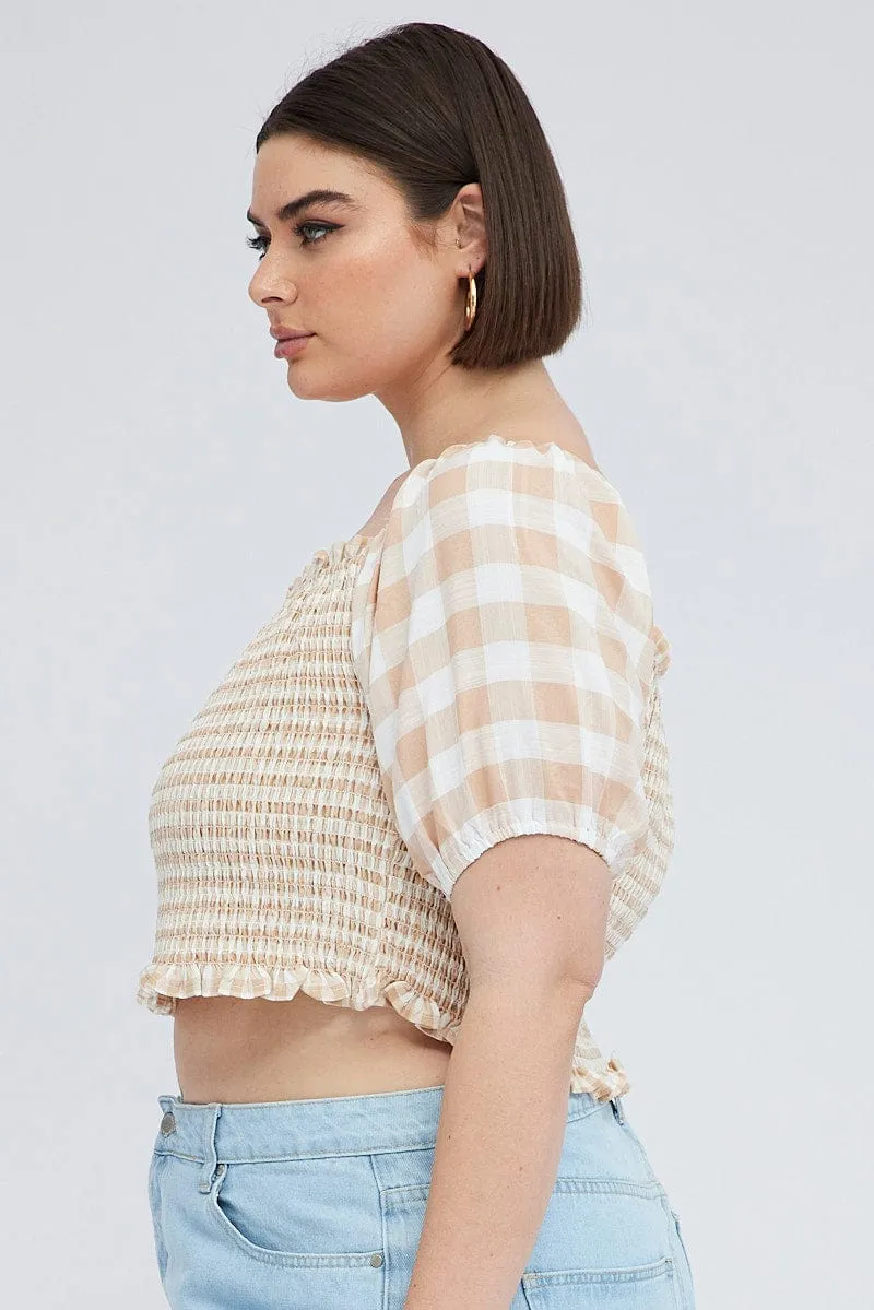 Beige Check Shirred Top Short Sleeve Square Neck