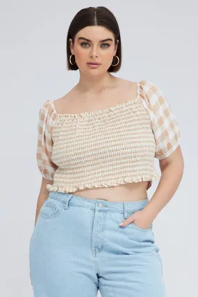 Beige Check Shirred Top Short Sleeve Square Neck