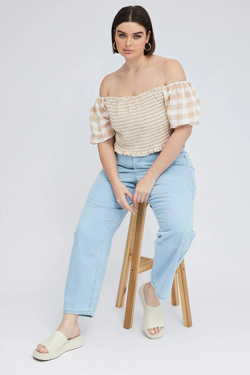 Beige Check Shirred Top Short Sleeve Square Neck