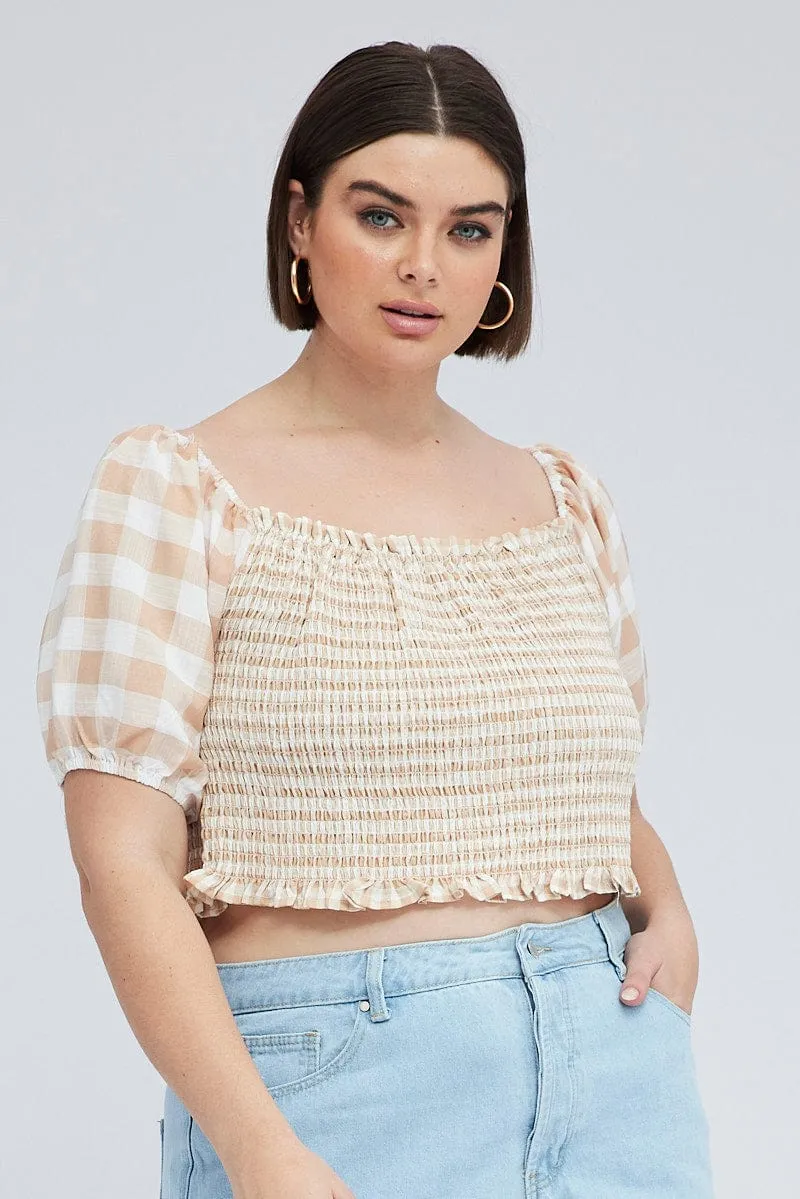 Beige Check Shirred Top Short Sleeve Square Neck