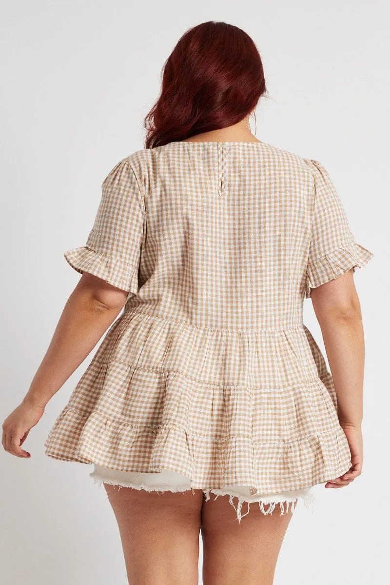 Beige Check Tiered Top Short Sleeve