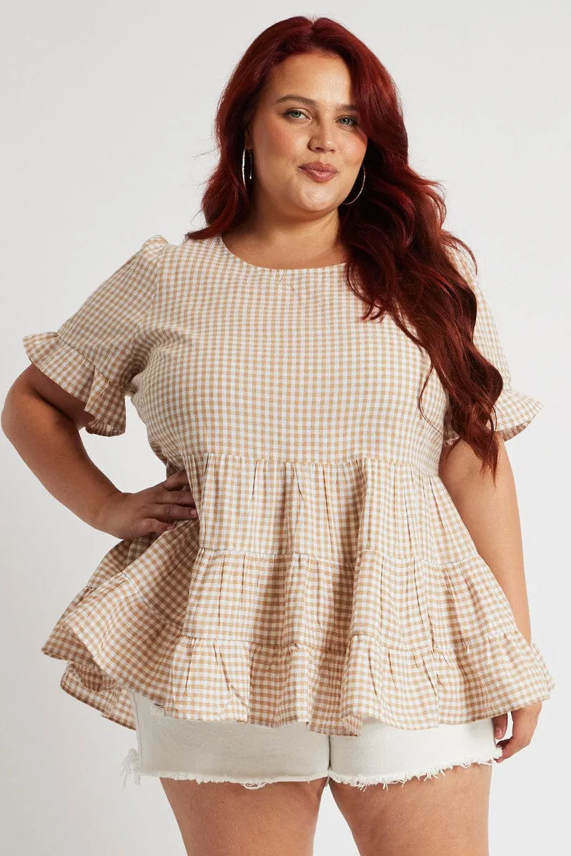 Beige Check Tiered Top Short Sleeve