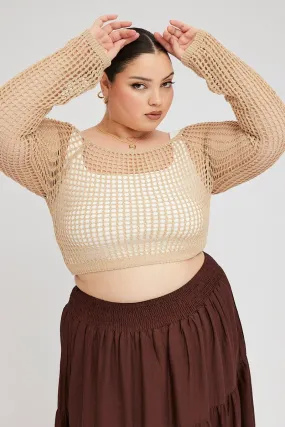 Beige Fishnet Knit Top Long Sleeve Square Neck