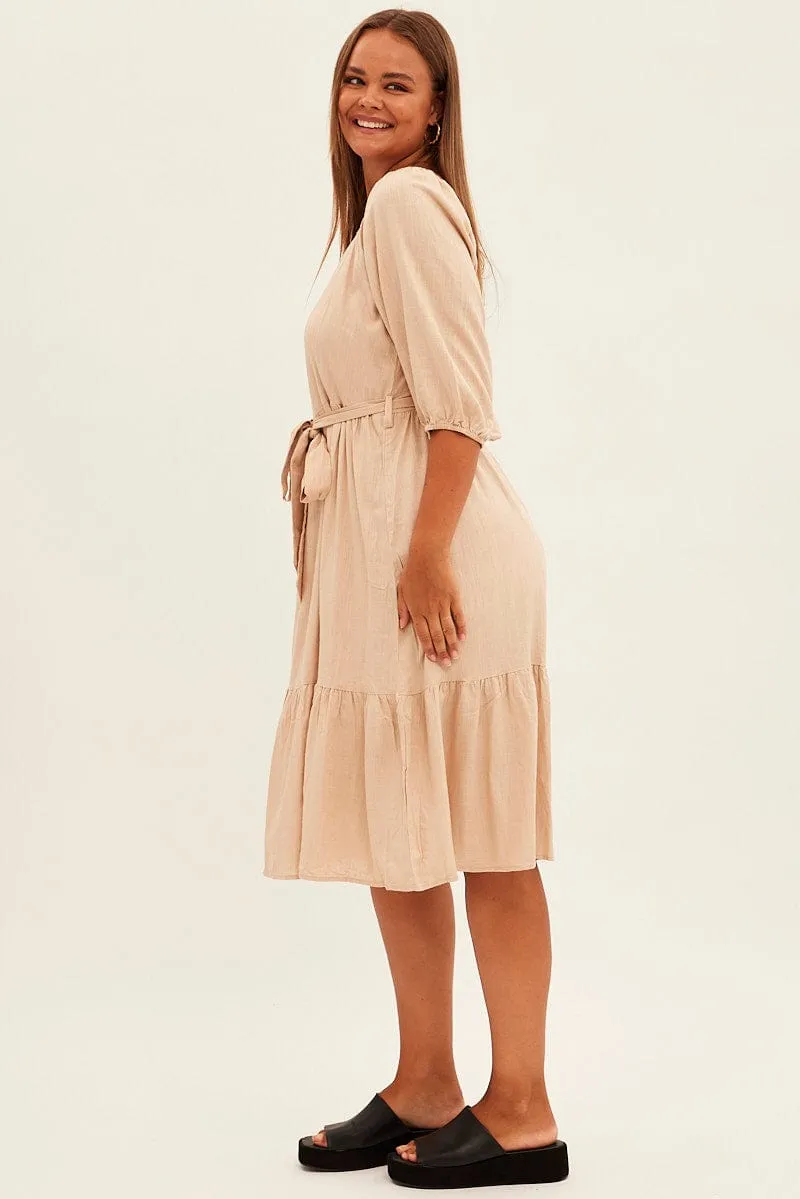 Beige Midi Dress Puff Sleeve Belt Frill Hem