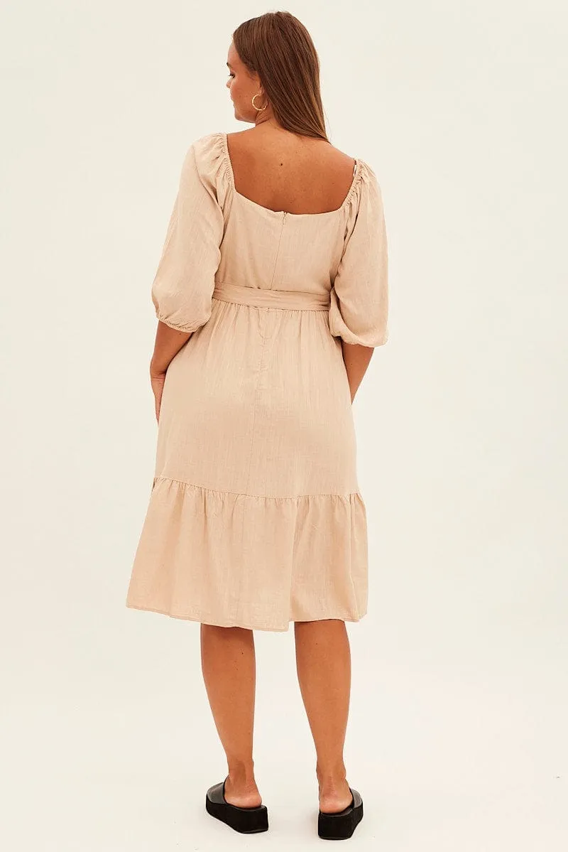 Beige Midi Dress Puff Sleeve Belt Frill Hem