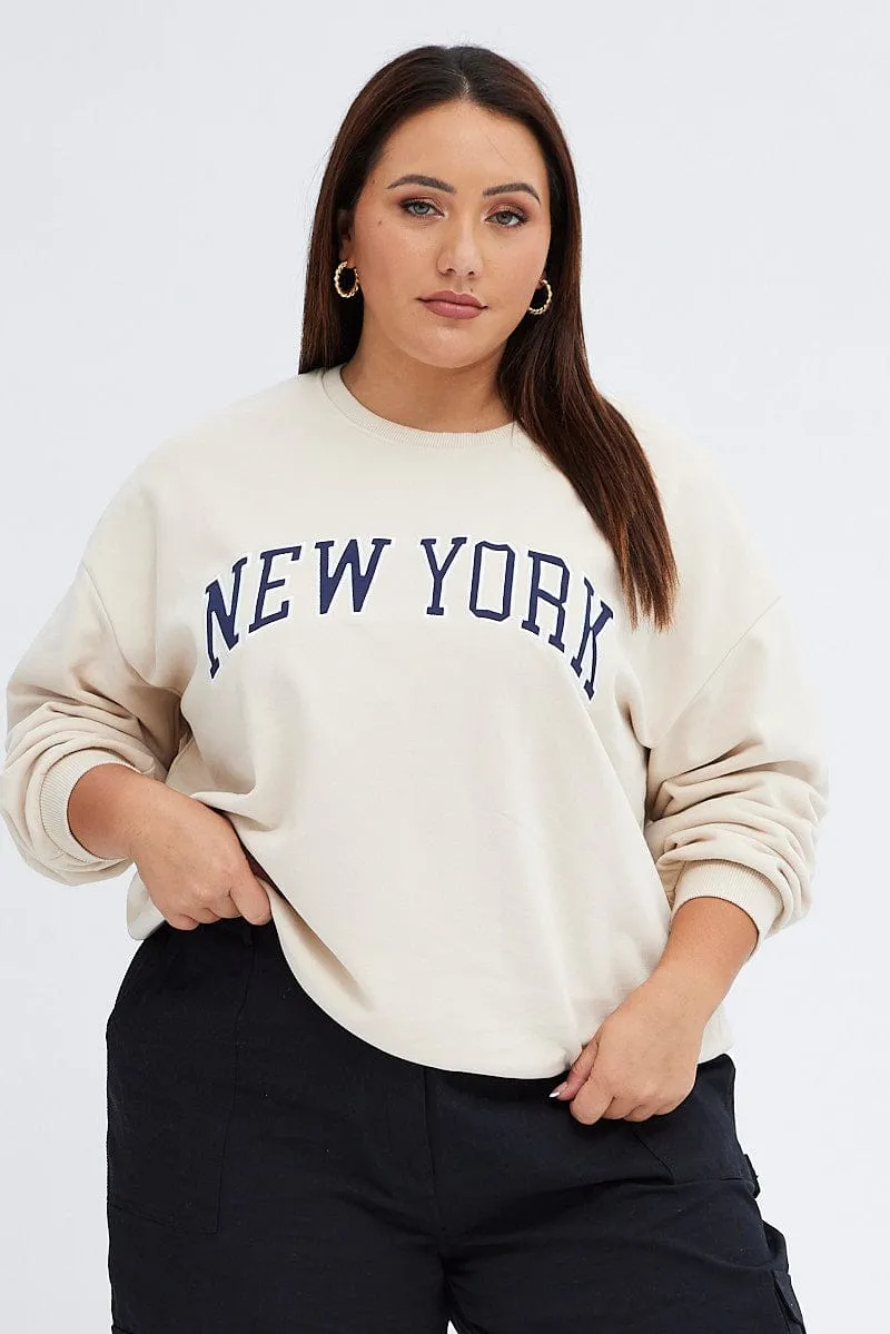 Beige New York Embroidered Sweater