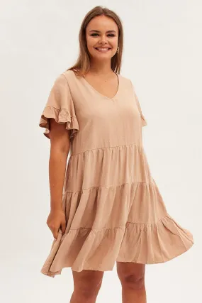 Beige Relaxed Dress Short Sleeve V Neck Linen Blend