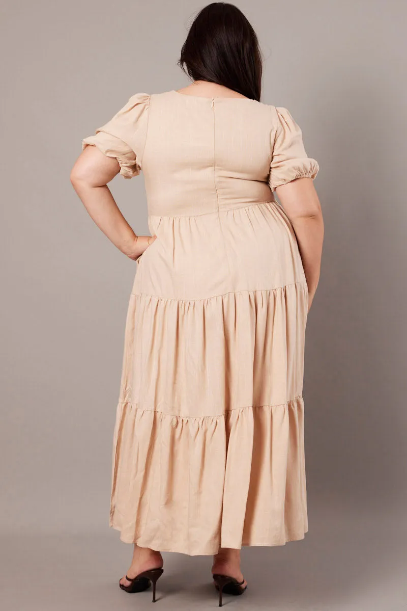 Beige Scoop Neck Linen Maxidress With Pockets