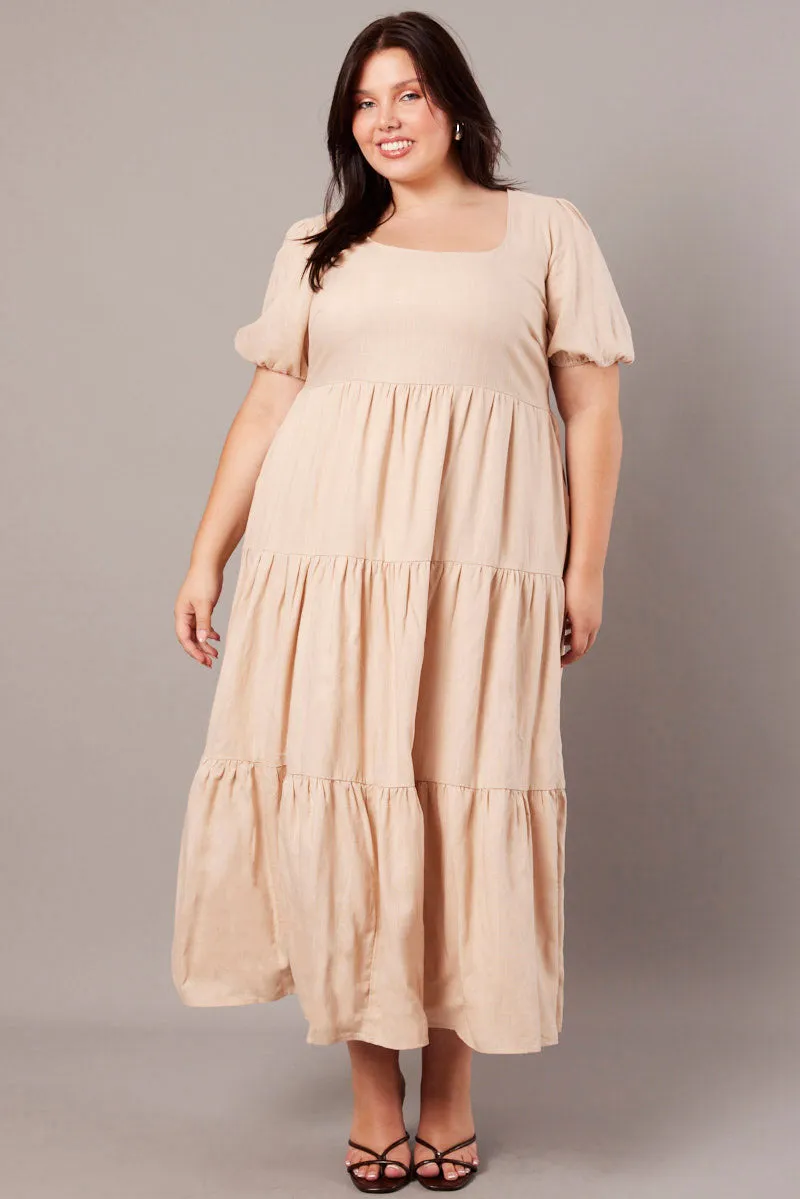 Beige Scoop Neck Linen Maxidress With Pockets