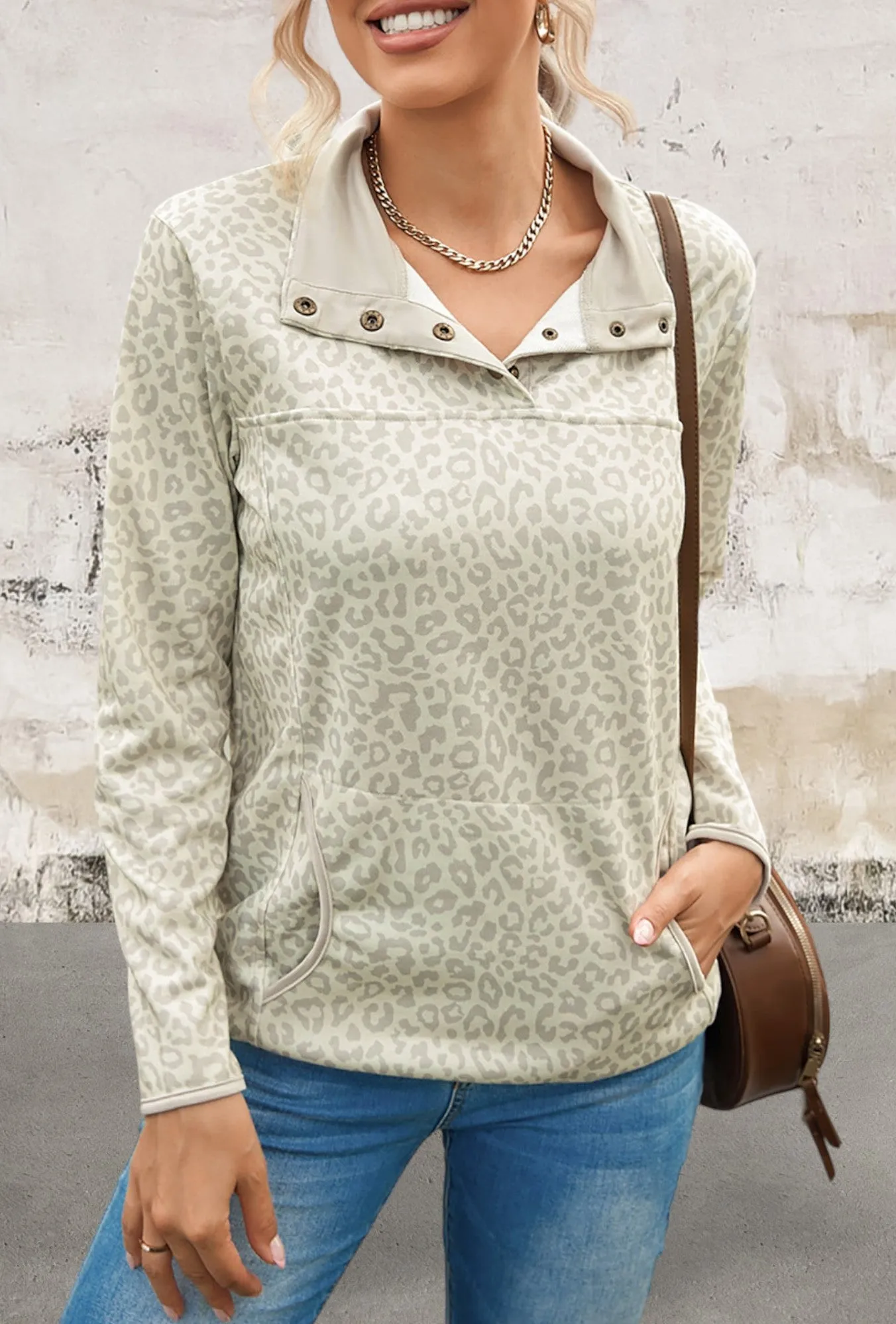 Beige Snap Front Sweatshirt