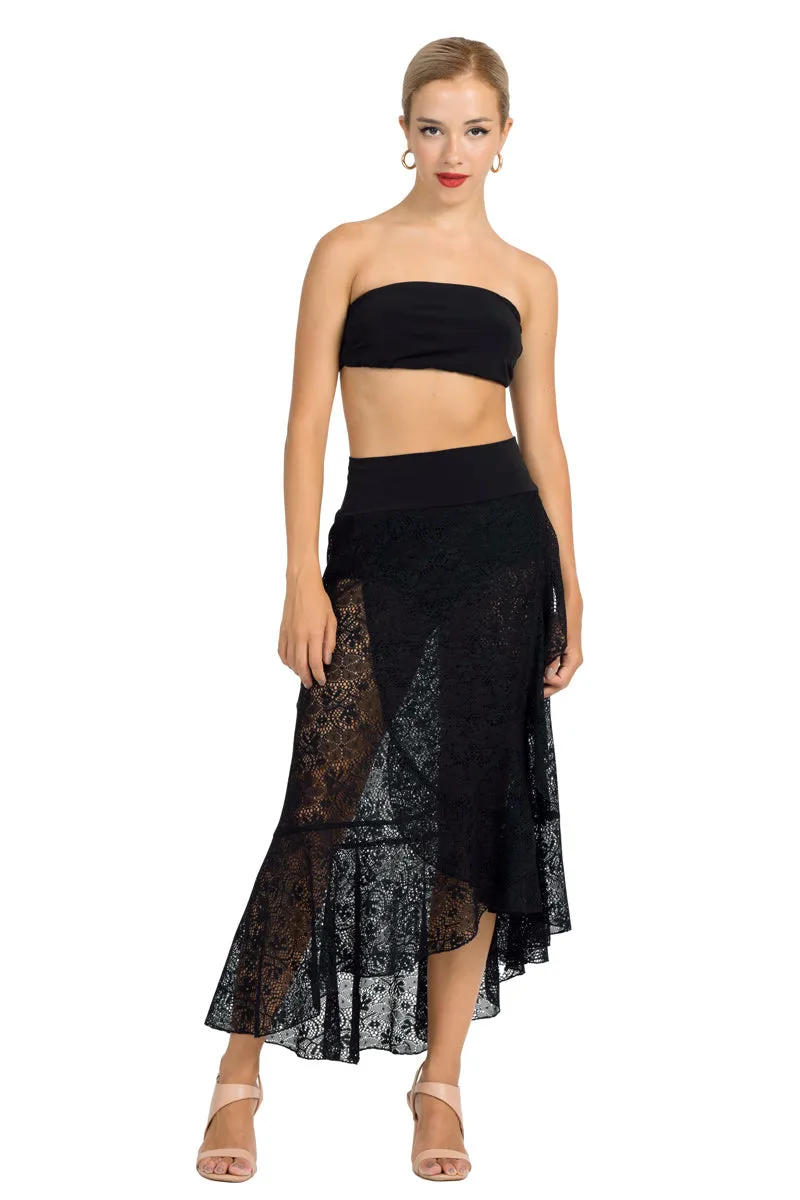 Black Lace Asymmetric Wrap Skirt With Ruffles