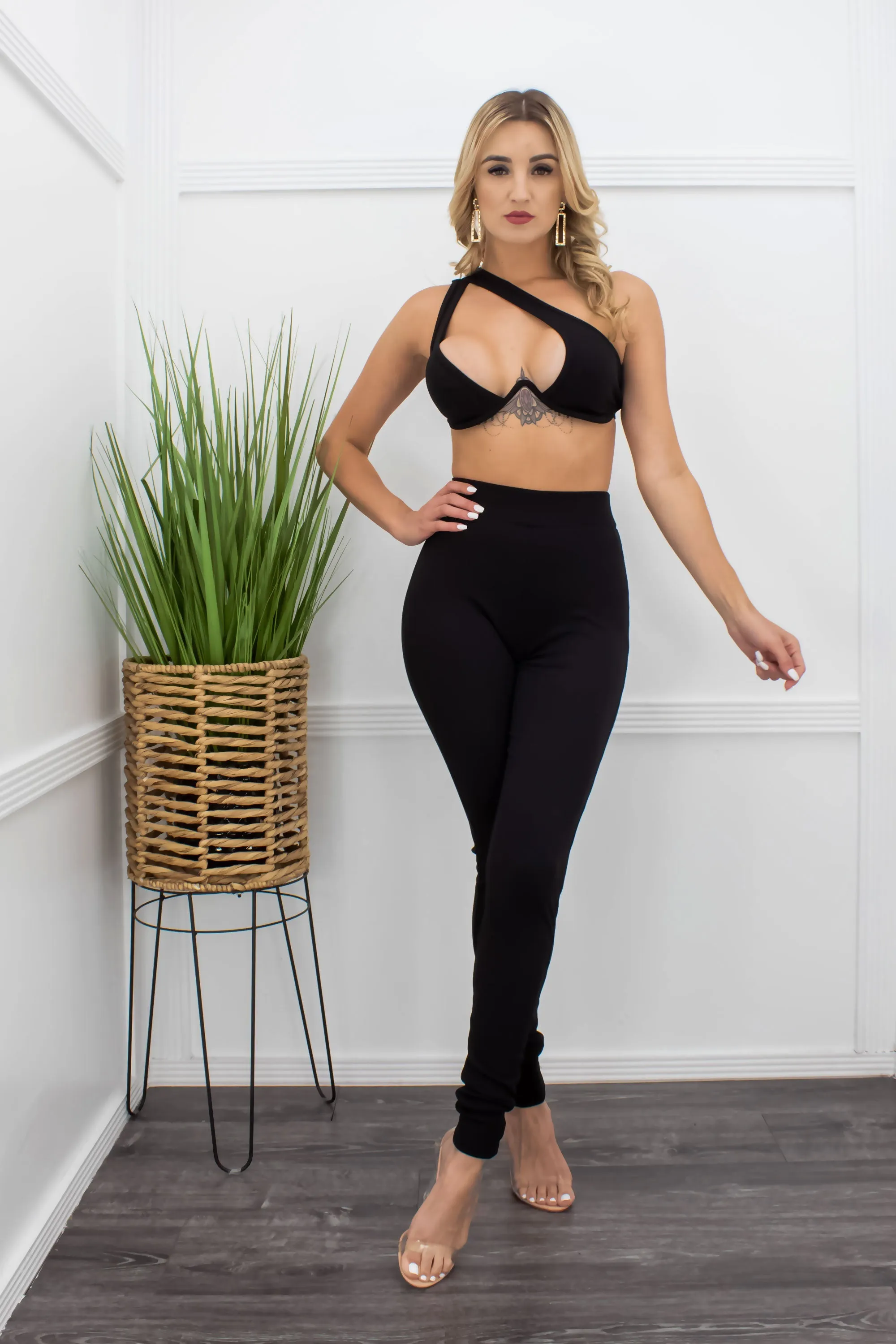 Black One Shoulder Bodycon Crop Top Pant Set