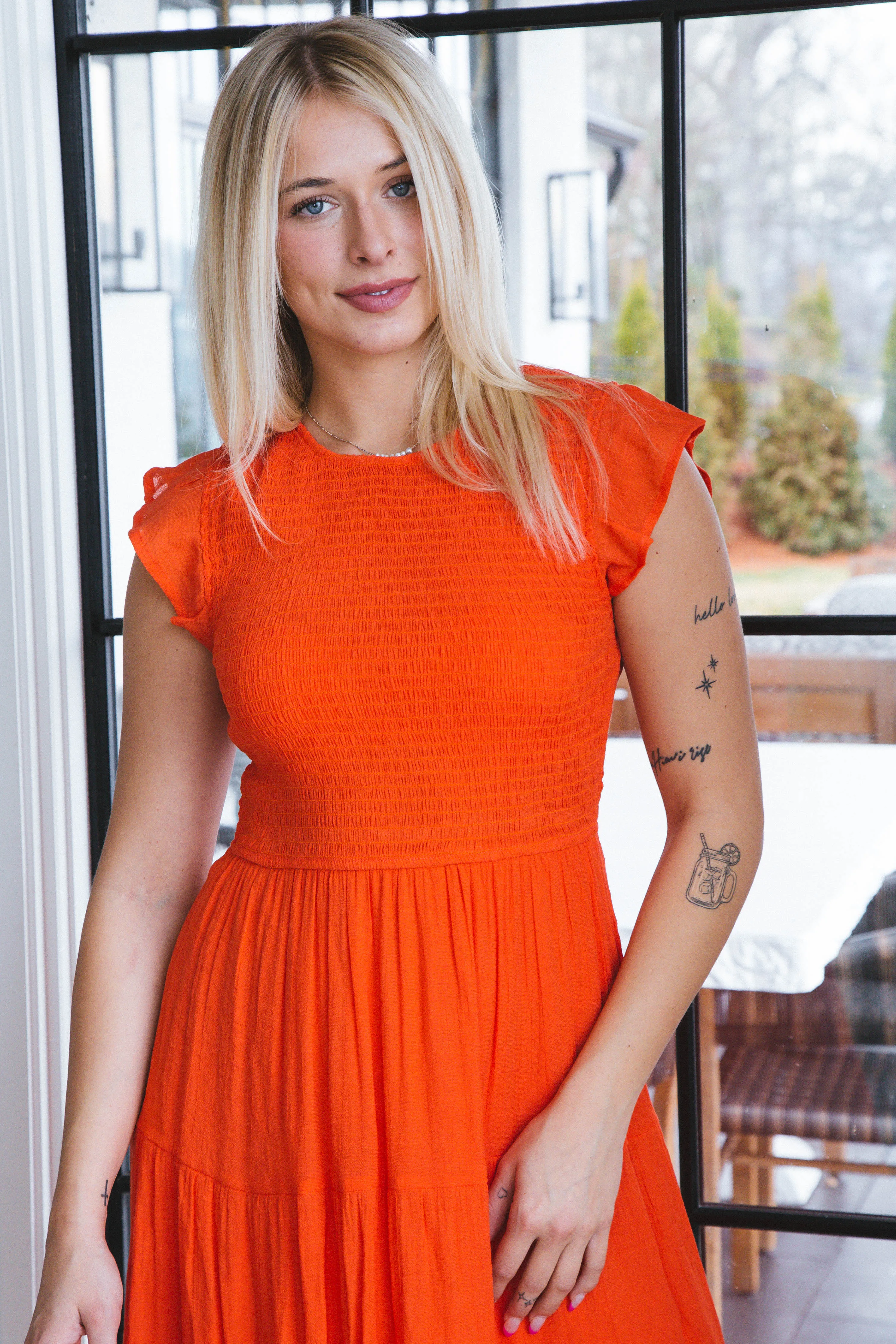 Celene Smocked Midi Dress, Tomato Red