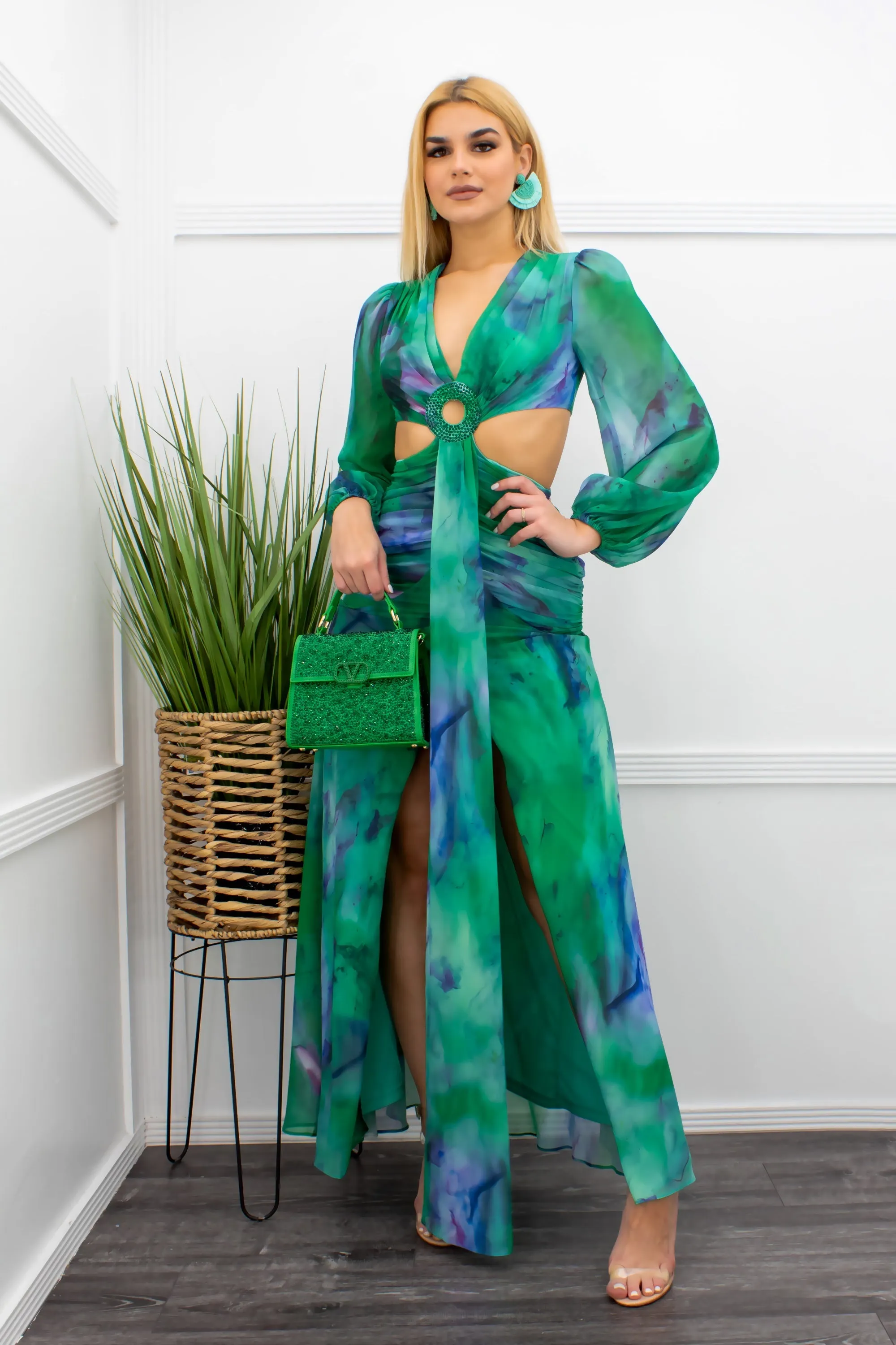 Chiffon Open Sides Slit Maxi Dress Green