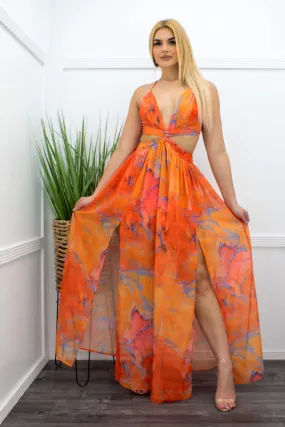 Chiffon Tie Back Slit Maxi Dress