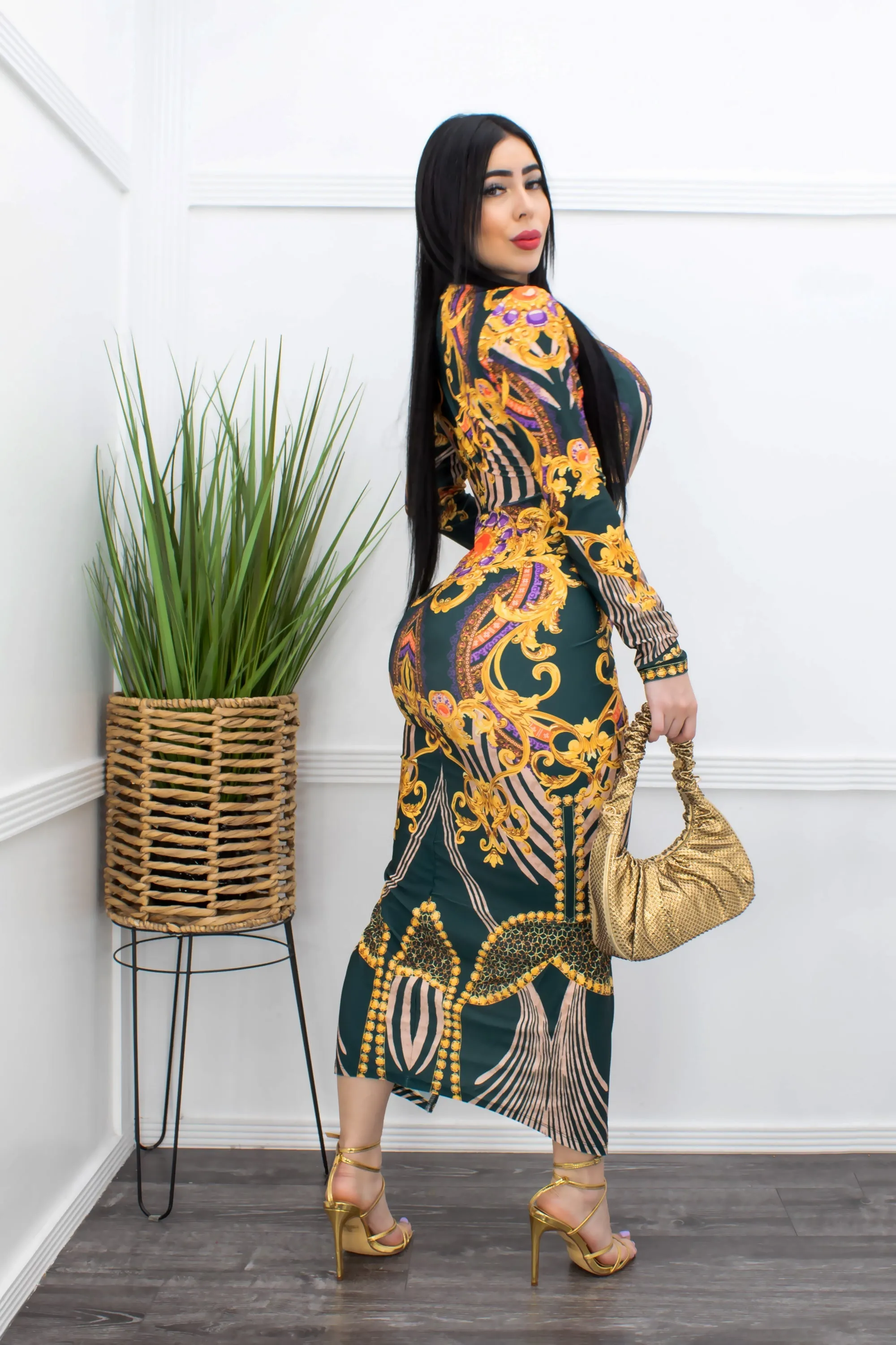 Deep V Long Sleeve Slit Maxi Dress