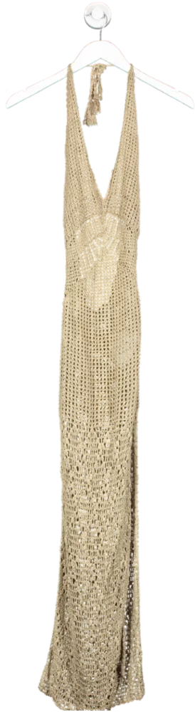 Flook The Label Beige Crochet Halter Beach Maxi Dress UK XS