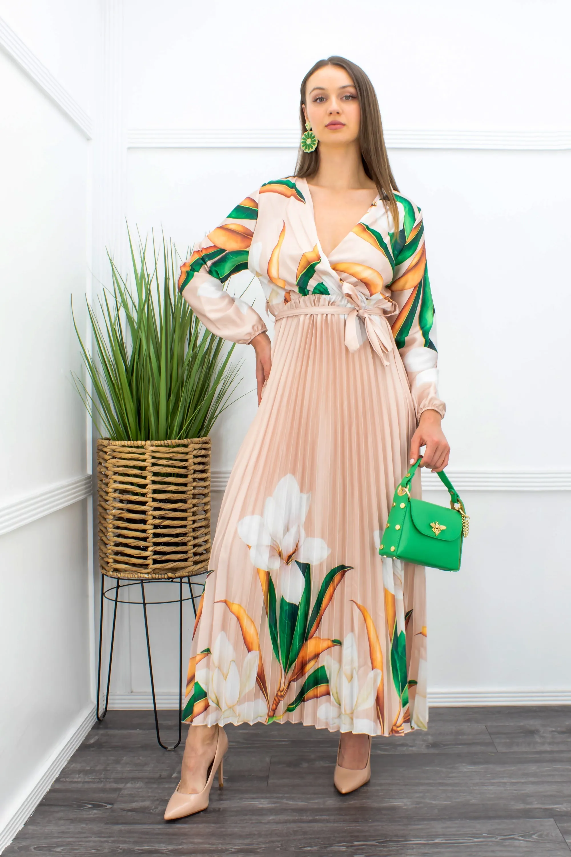 Floral Long Sleeve Belted Maxi Dress