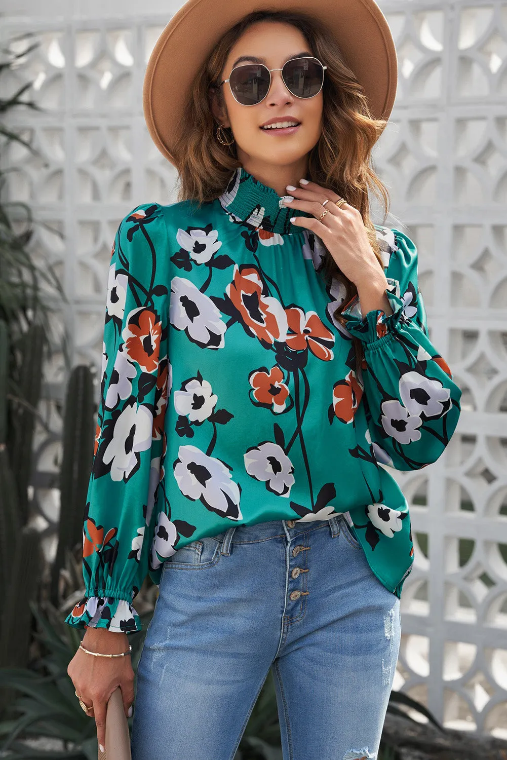 Floral Print Mock Neck Blouse