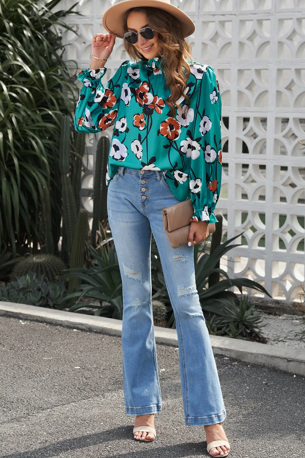 Floral Print Mock Neck Blouse