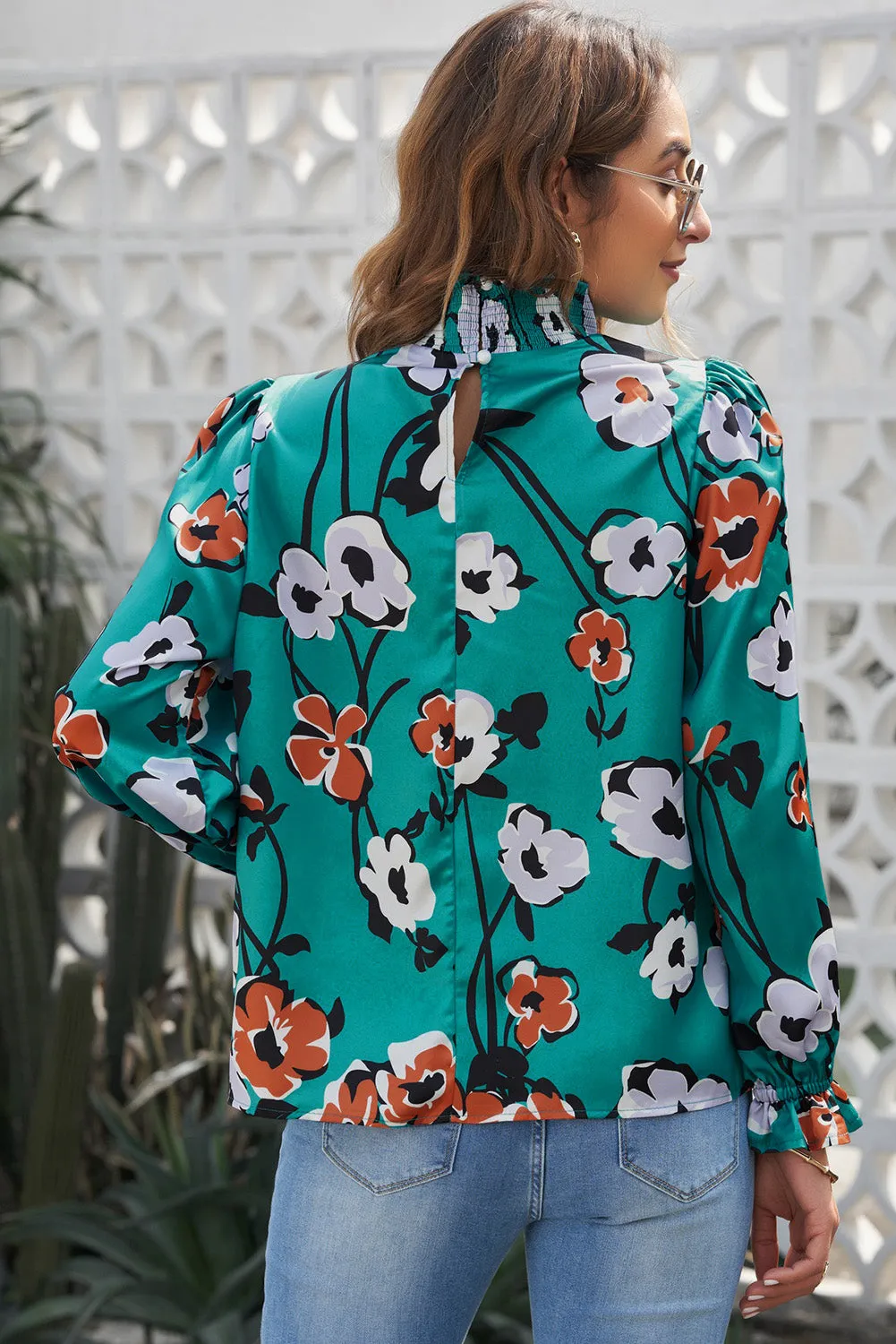 Floral Print Mock Neck Blouse