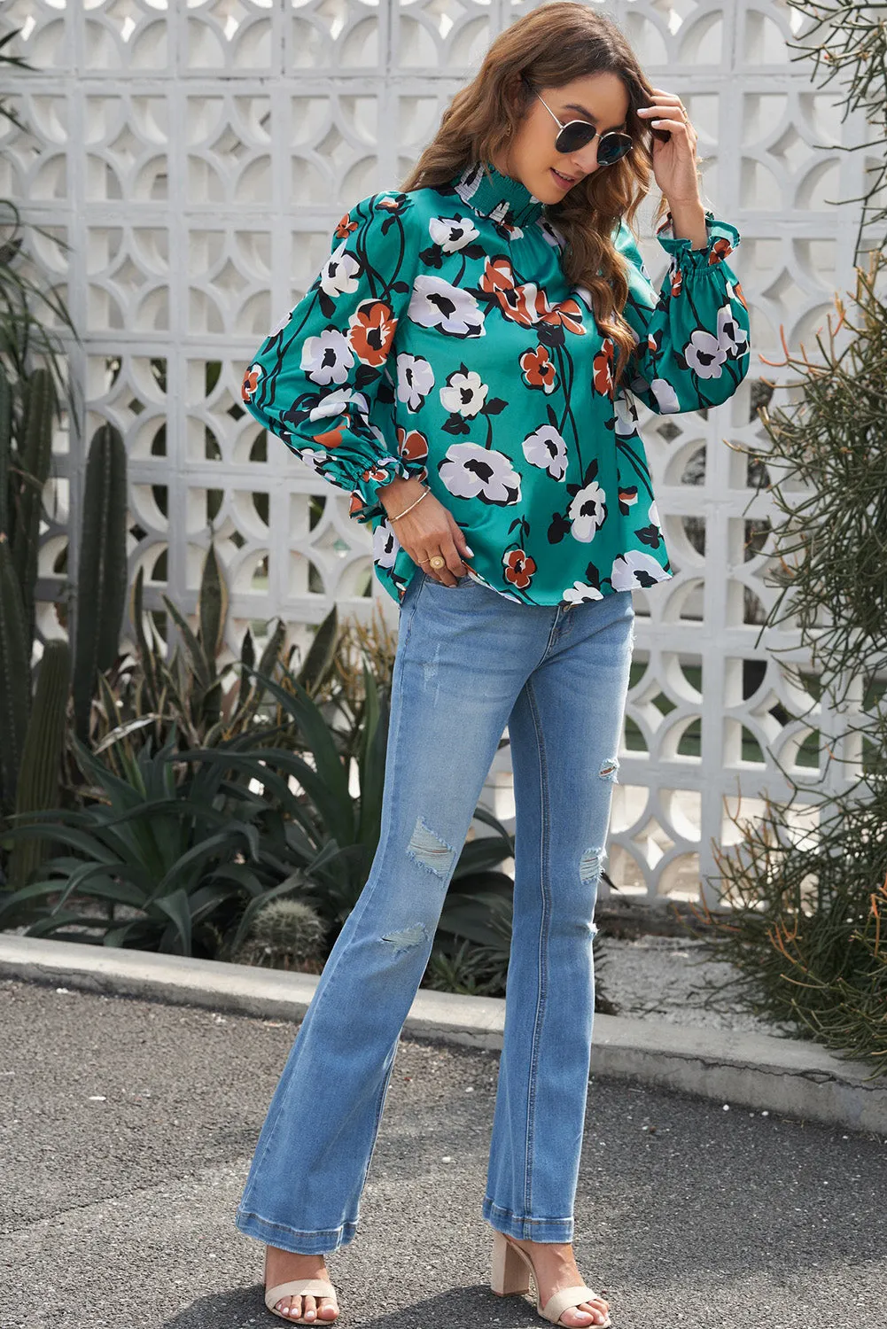 Floral Print Mock Neck Blouse