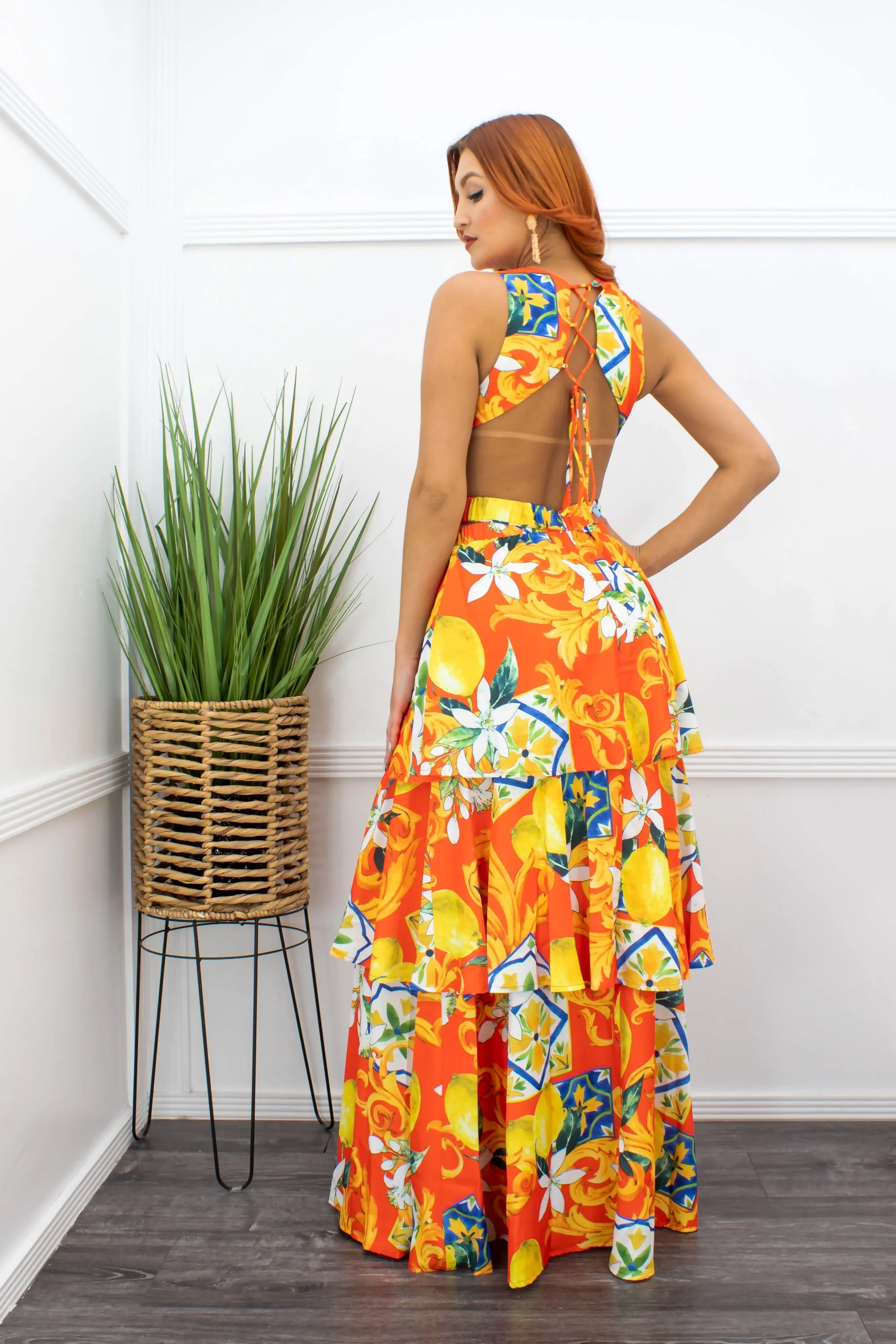 Floral Ruffled Open Back Orange Maxi Dress