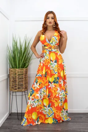 Floral Ruffled Open Back Orange Maxi Dress